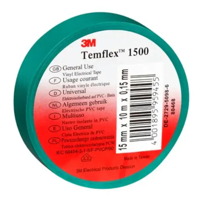 3M Temflex 1500 vinyl tape for isolering og mærkning, 0,15 mm tyk, 15 mm x 10 m grøn.