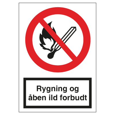 Rygning og åben ild forbudt skilt 148x105 mm (A6), Plast