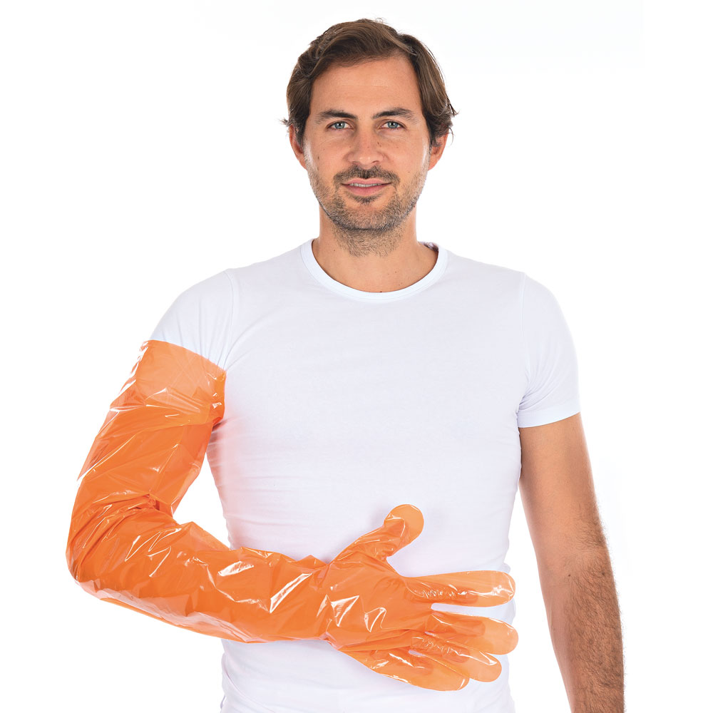 LDPE handske 90 cm lang fra Hygostar - orange veterinær handske, onesize
