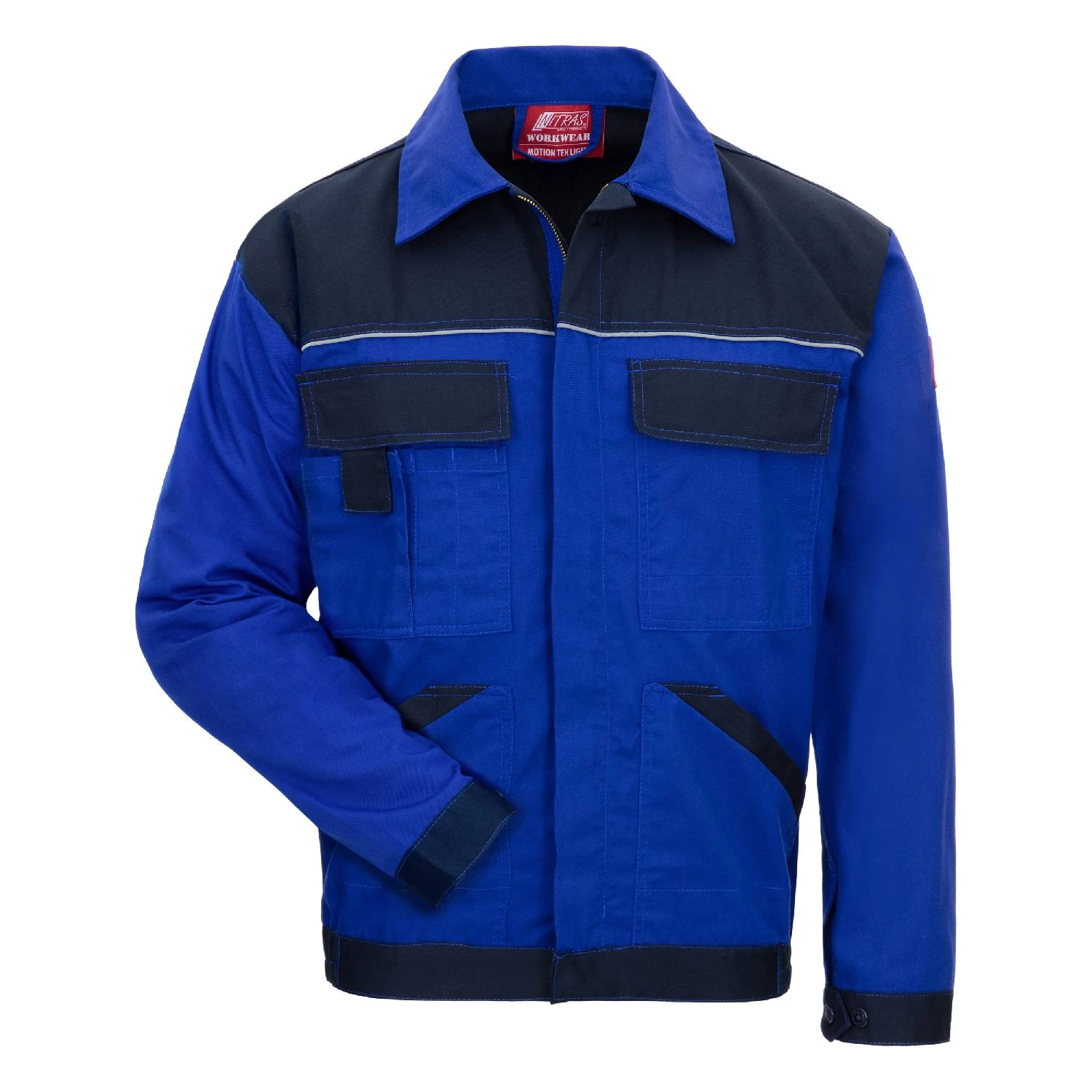 Nitras blå Arbejdsjakke 7551 MOTION TEX LIGHT Polyester bomuld let og åndbart flere lommer, herunder to brystlommer med klap samt en smartphonelomme,