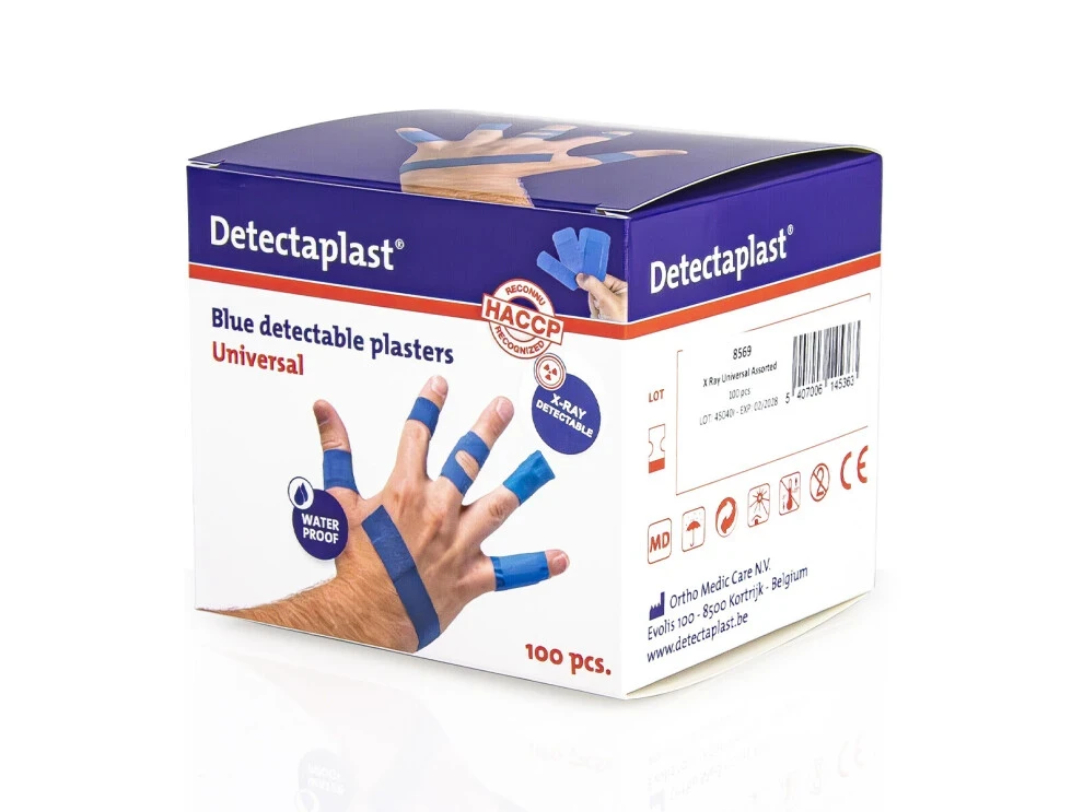 Detectaplast X-Ray Premium røngten plaster, vandtæt blå sporbare plastre til fødevarehåndtering, Mix 3 størrelser, pakke med 100 stk.