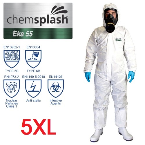 CHEMSPLASH EKA 55 COVERALL, størrelse 5XL, Hvid beskyttelsesdragt, Microporous Eco - TYPE 5B/6B, antistatisk, latex og silikone fri
