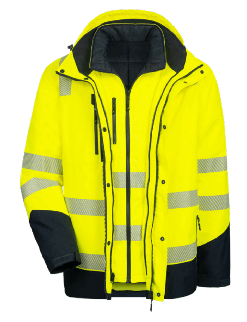 Multifunktionel Hi-Viz fluorescerende Jakke, 5-i-1, Nitras motion kombinitaion muligheder Tex Viz Plus 7179 med soft shell blødt foer Fluoriserende gu