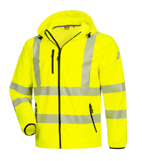 Hi-Viz fluorescerende vindjakke, NITRAS MOTION TEX VIZ 7196 med let foer med vandafvisende softshell-materiale, elastiske manchetter og reflekterende