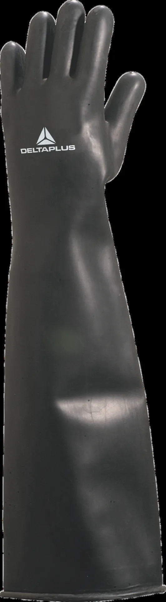 Deltaplus LA600 kraftig sort latex (naturgummi) kemikaliehandske, længde 600 mm, tykkelse 1,15 mm omkreds 49 cm, AQL 0,65, størrelse 10