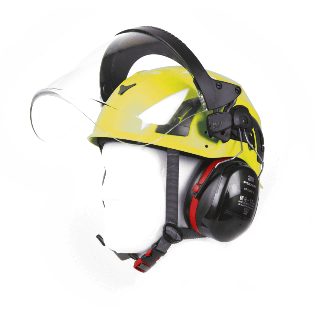 Premium BIGBEN UltraLite sikkerhedshjelm med 3M PELTOR Optime III Høreværn og full face visir, størrelse 51-62 cm, riggerhjelm Gul
