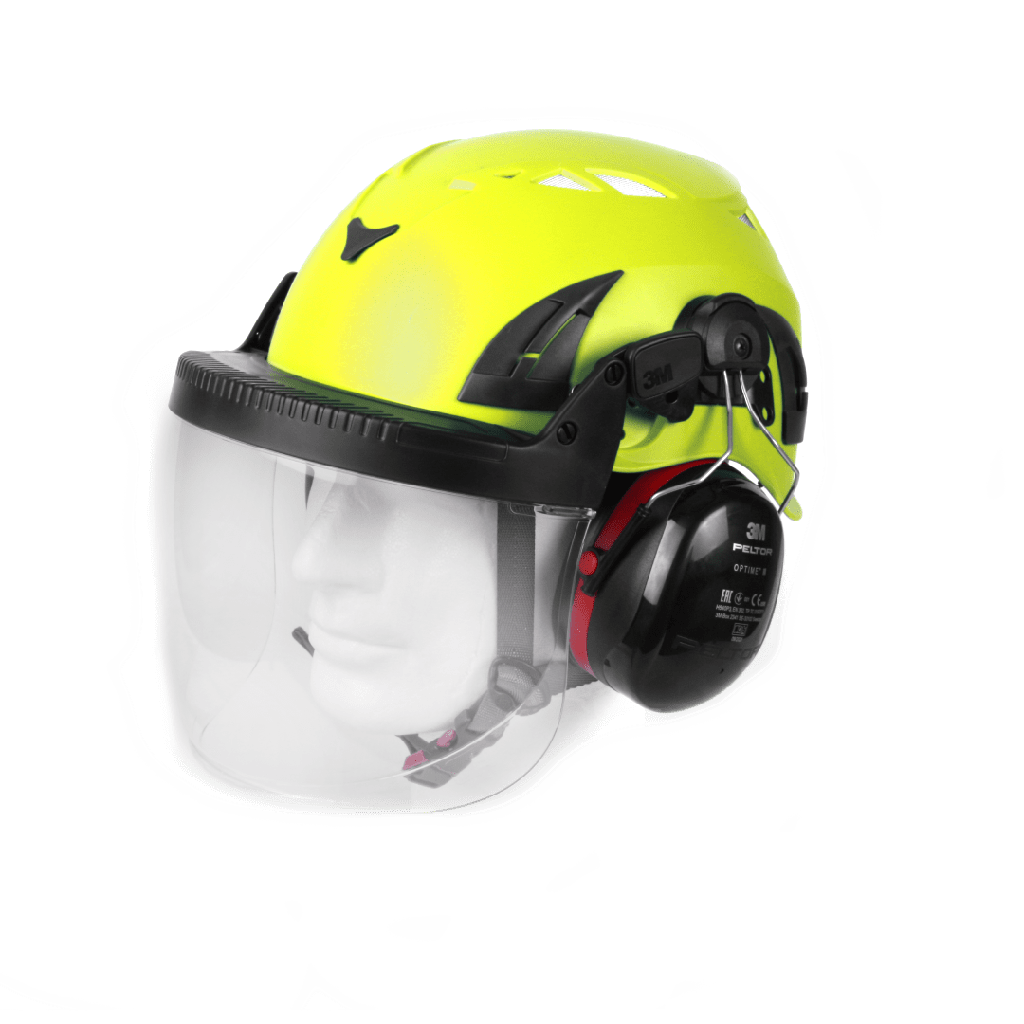 Premium BIGBEN UltraLite sikkerhedshjelm med 3M PELTOR Optime III Høreværn og full face visir, størrelse 51-62 cm, riggerhjelm Hvid