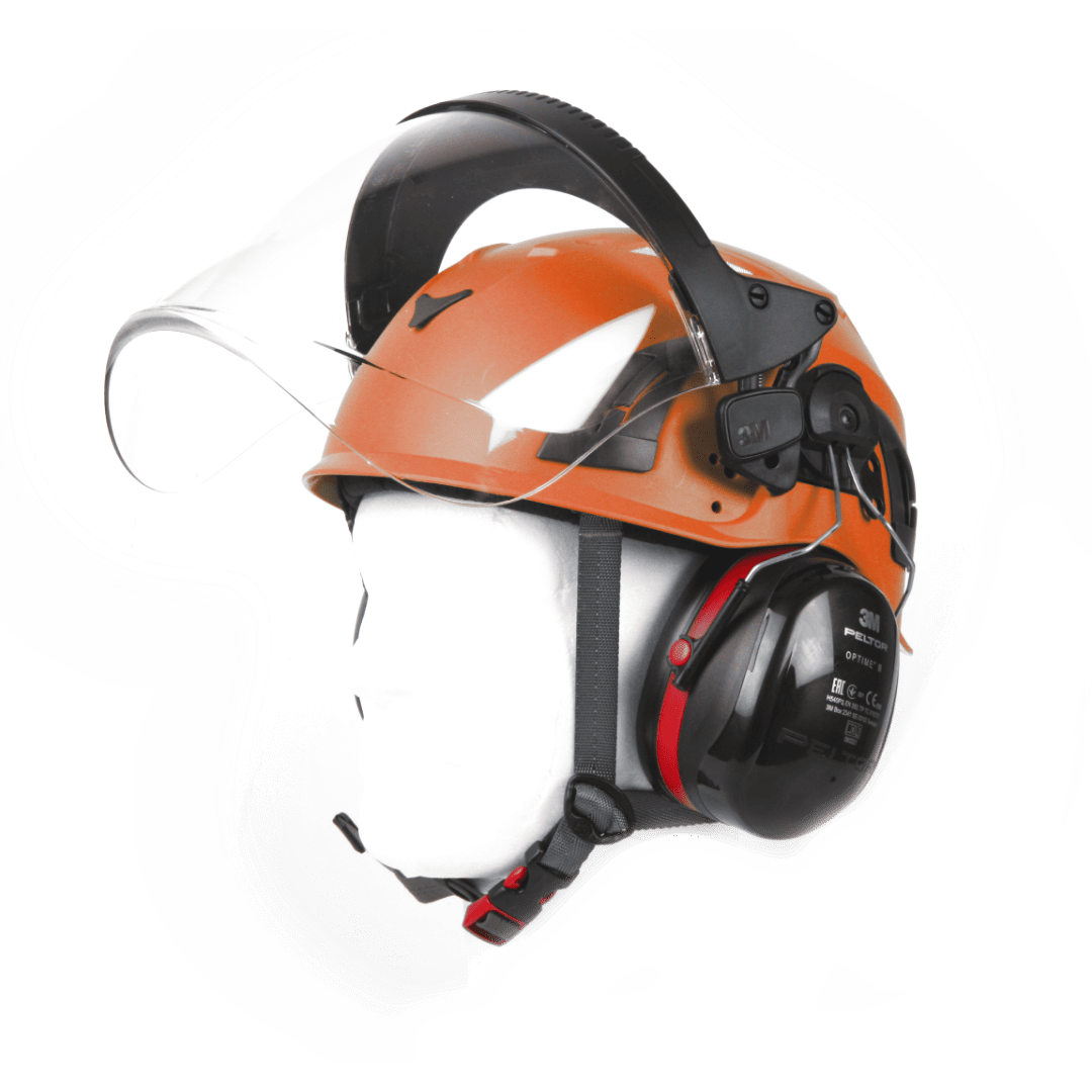 Premium BIGBEN UltraLite sikkerhedshjelm med 3M PELTOR Optime III Høreværn og full face visir, størrelse 51-62 cm, riggerhjelm Orange