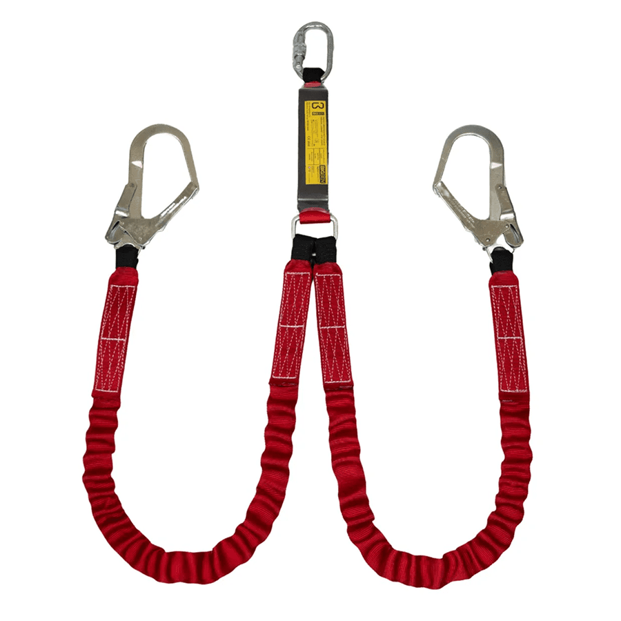 BIGBEN elastisk dobbelt lanyard med karabin og 2 stilladskroge, får i 3 forskellige længder 150 cm