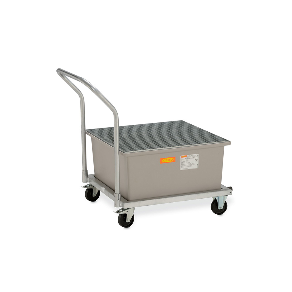 Transportal drypbakke med drejelige hjul til en 200 l tønde, L1090xB860xH1080mm med trådhylde