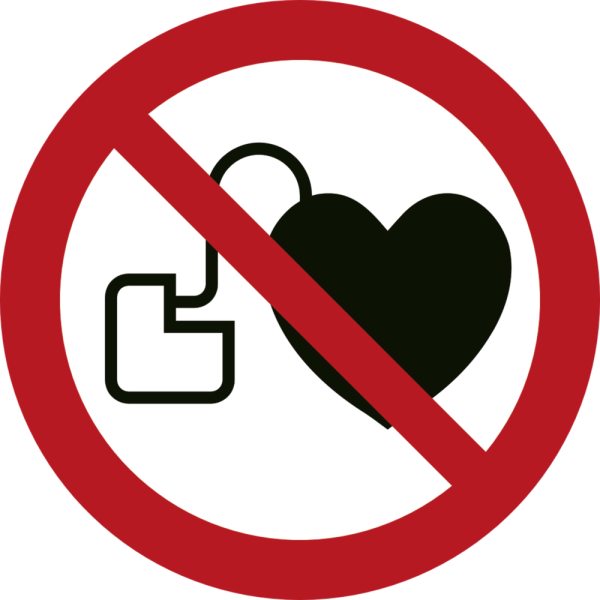 Skilt med tekst og symbol "Adgang forbudt for personer med pacemaker" Aluminium str A4