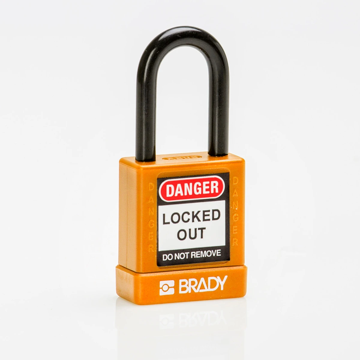 Nylon indkapslet LOTO sikkerhedshængelås fra Brady, fås i 6 farver, sjækkel højde 38 mm Orange