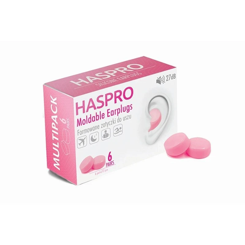 Haspro MOLD 6P formbare silikone ørepropper, 6 PAR i en æske, dæmpning 27 dB, fås i 4 forskellige farver Pink