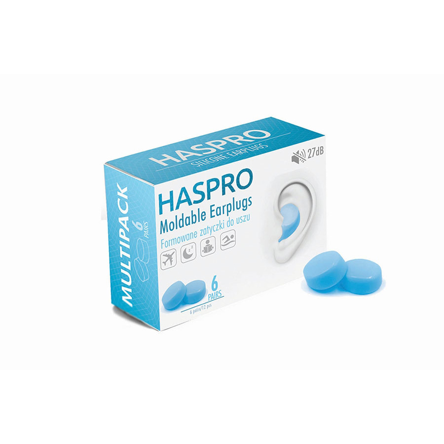 Haspro MOLD 6P formbare silikone ørepropper, 6 PAR i en æske, dæmpning 27 dB, fås i 4 forskellige farver Blå
