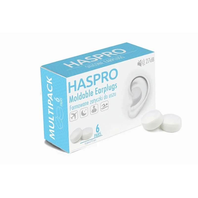 Haspro MOLD 6P formbare silikone ørepropper, 6 PAR i en æske, dæmpning 27 dB, fås i 4 forskellige farver Hvid