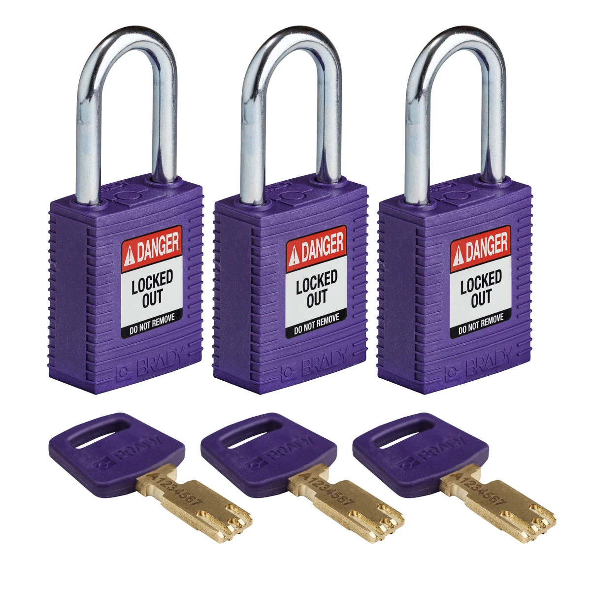 SafeKey hængelås fra Brady, robust nylon krop med stål sjækkel, fås i 9 farver, sjækkelhøjde 38,10 mm, 3 stk i en pakke Lilla