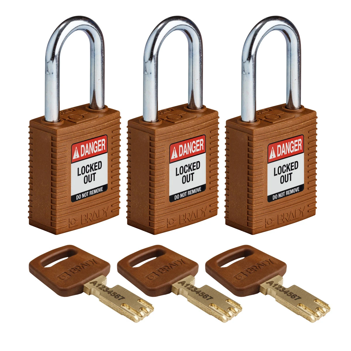SafeKey hængelås fra Brady, robust nylon krop med stål sjækkel, fås i 9 farver, sjækkelhøjde 38,10 mm, 3 stk i en pakke Brun