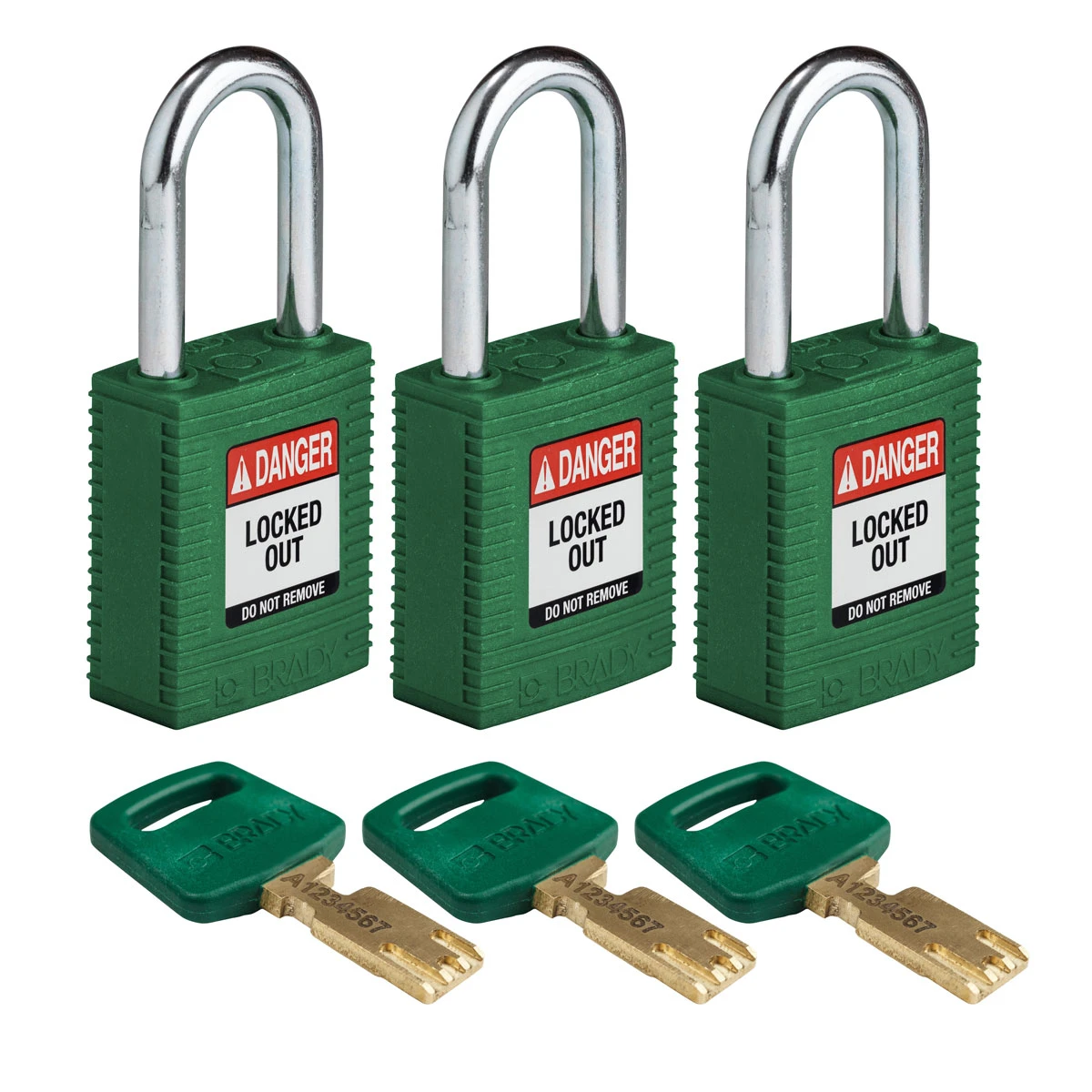 SafeKey hængelås fra Brady, robust nylon krop med stål sjækkel, fås i 9 farver, sjækkelhøjde 38,10 mm, 3 stk i en pakke Grøn