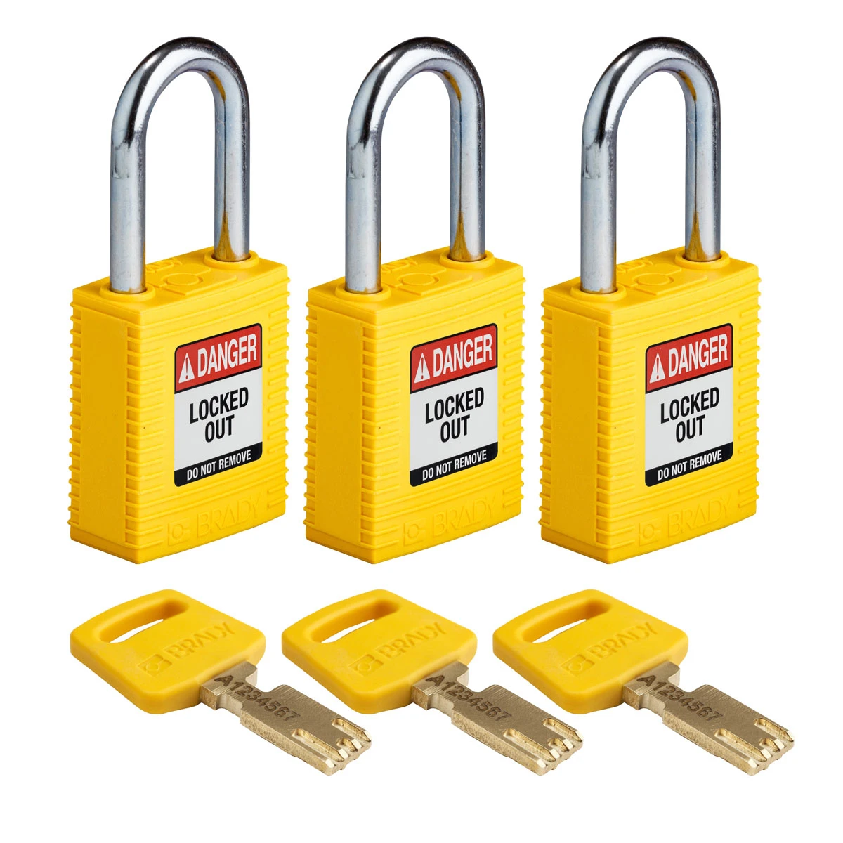 SafeKey hængelås fra Brady, robust nylon krop med stål sjækkel, fås i 9 farver, sjækkelhøjde 38,10 mm, 3 stk i en pakke Gul