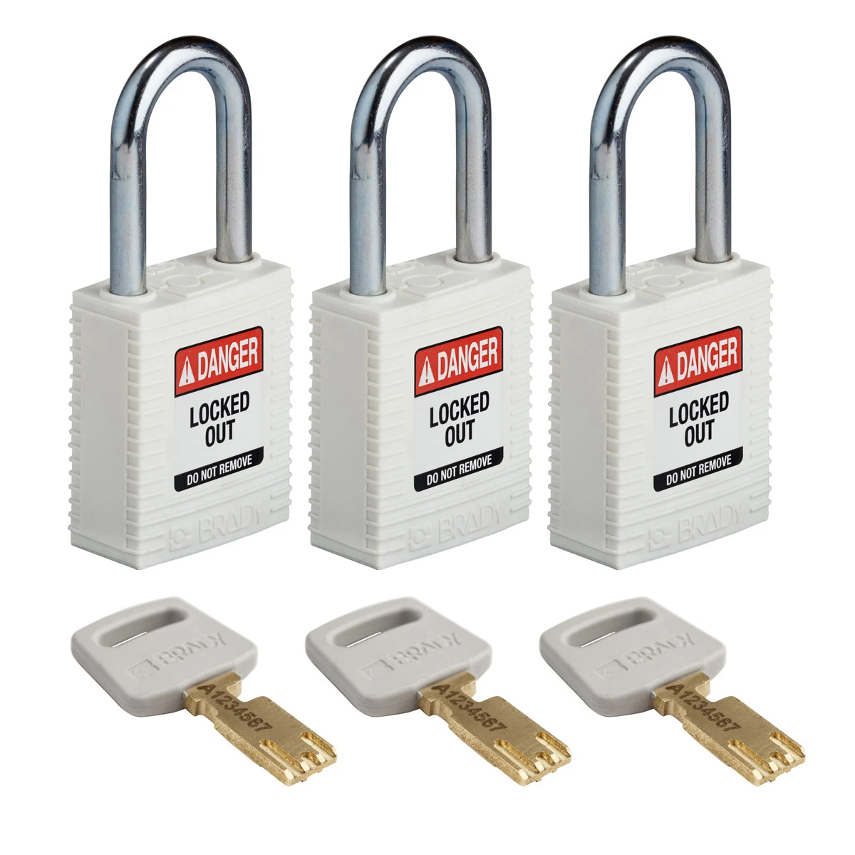 SafeKey hængelås fra Brady, robust nylon krop med stål sjækkel, fås i 9 farver, sjækkelhøjde 38,10 mm, 3 stk i en pakke Hvid