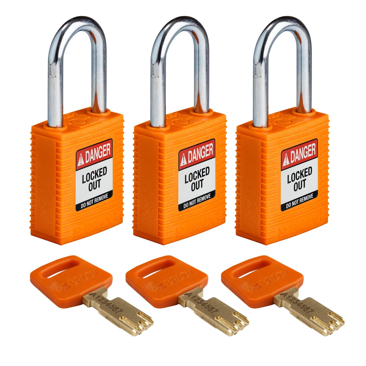 SafeKey hængelås fra Brady, robust nylon krop med stål sjækkel, fås i 9 farver, sjækkelhøjde 38,10 mm, 3 stk i en pakke Orange