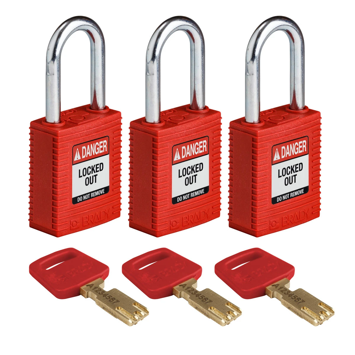 SafeKey hængelås fra Brady, robust nylon krop med stål sjækkel, fås i 9 farver, sjækkelhøjde 38,10 mm, 3 stk i en pakke Rød