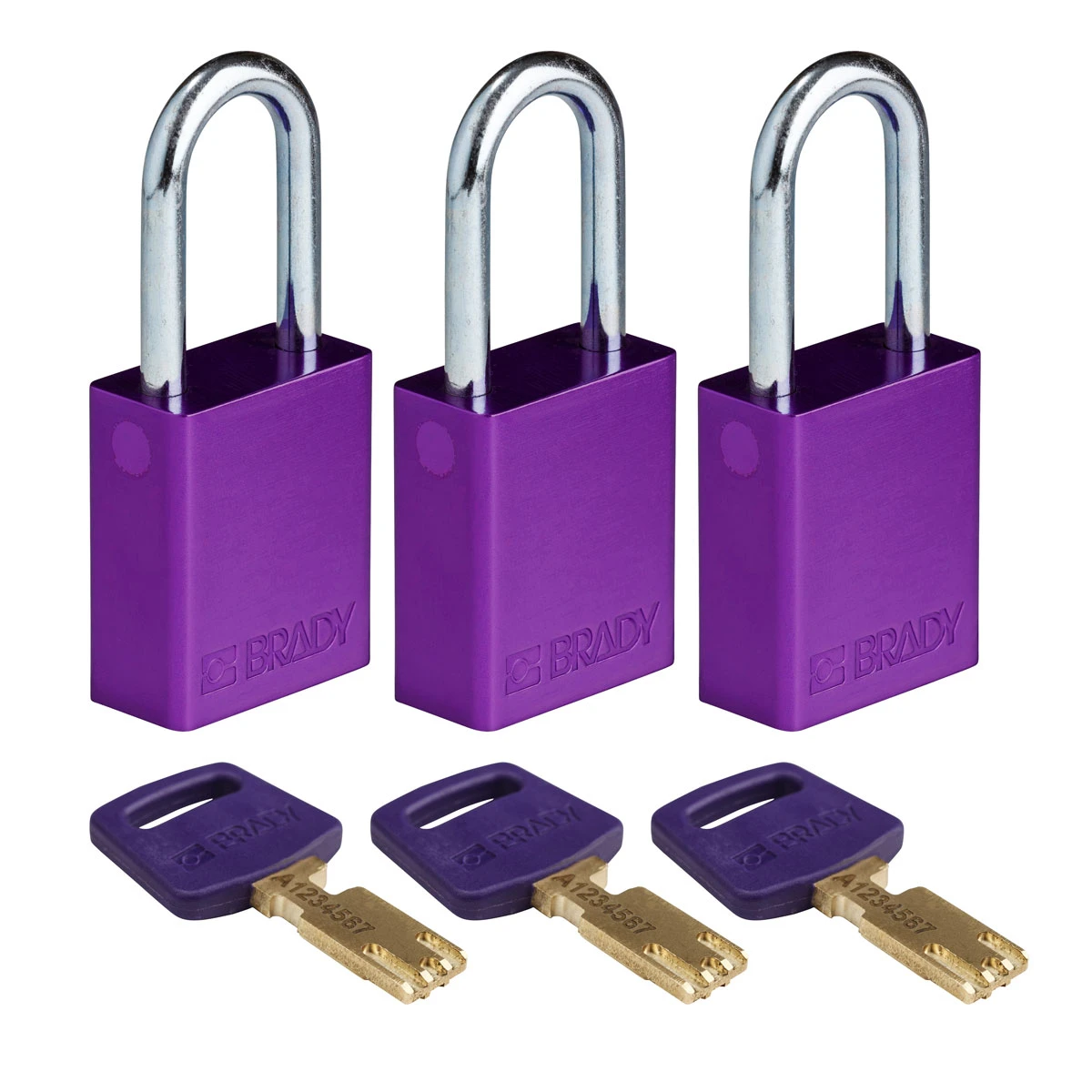 SafeKey hængelås fra Brady, aluminium krop med stål sjækkel, fås i 9 farver, sjækkelhøjde 38,10 mm, 3 stk i en pakke Lilla