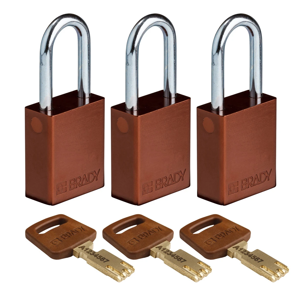SafeKey hængelås fra Brady, aluminium krop med stål sjækkel, fås i 9 farver, sjækkelhøjde 38,10 mm, 3 stk i en pakke Brun