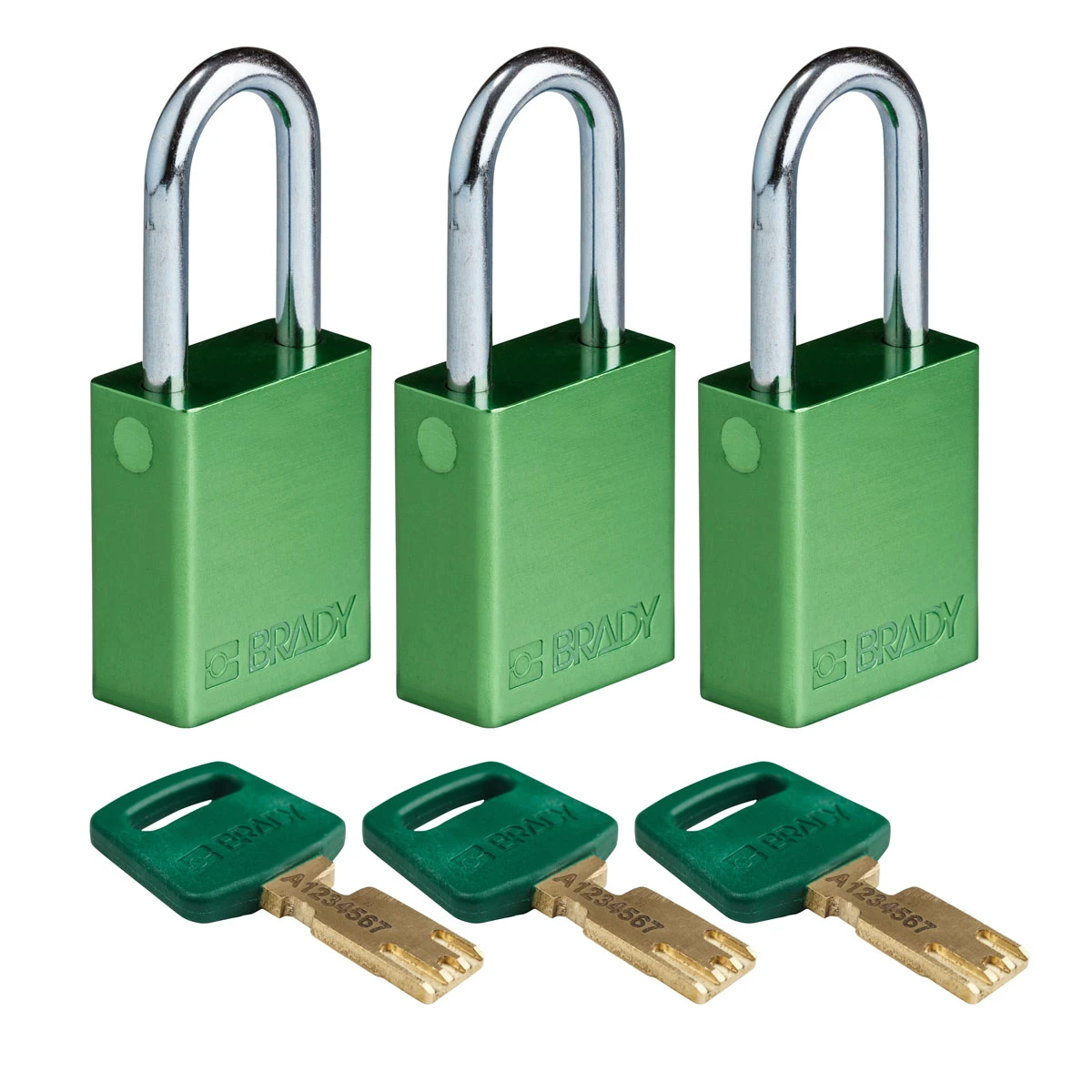 SafeKey hængelås fra Brady, aluminium krop med stål sjækkel, fås i 9 farver, sjækkelhøjde 38,10 mm, 3 stk i en pakke Grøn
