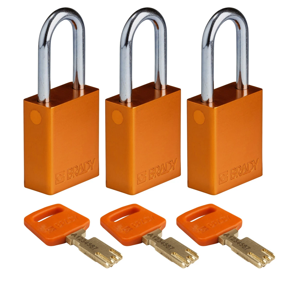 SafeKey hængelås fra Brady, aluminium krop med stål sjækkel, fås i 9 farver, sjækkelhøjde 38,10 mm, 3 stk i en pakke Orange