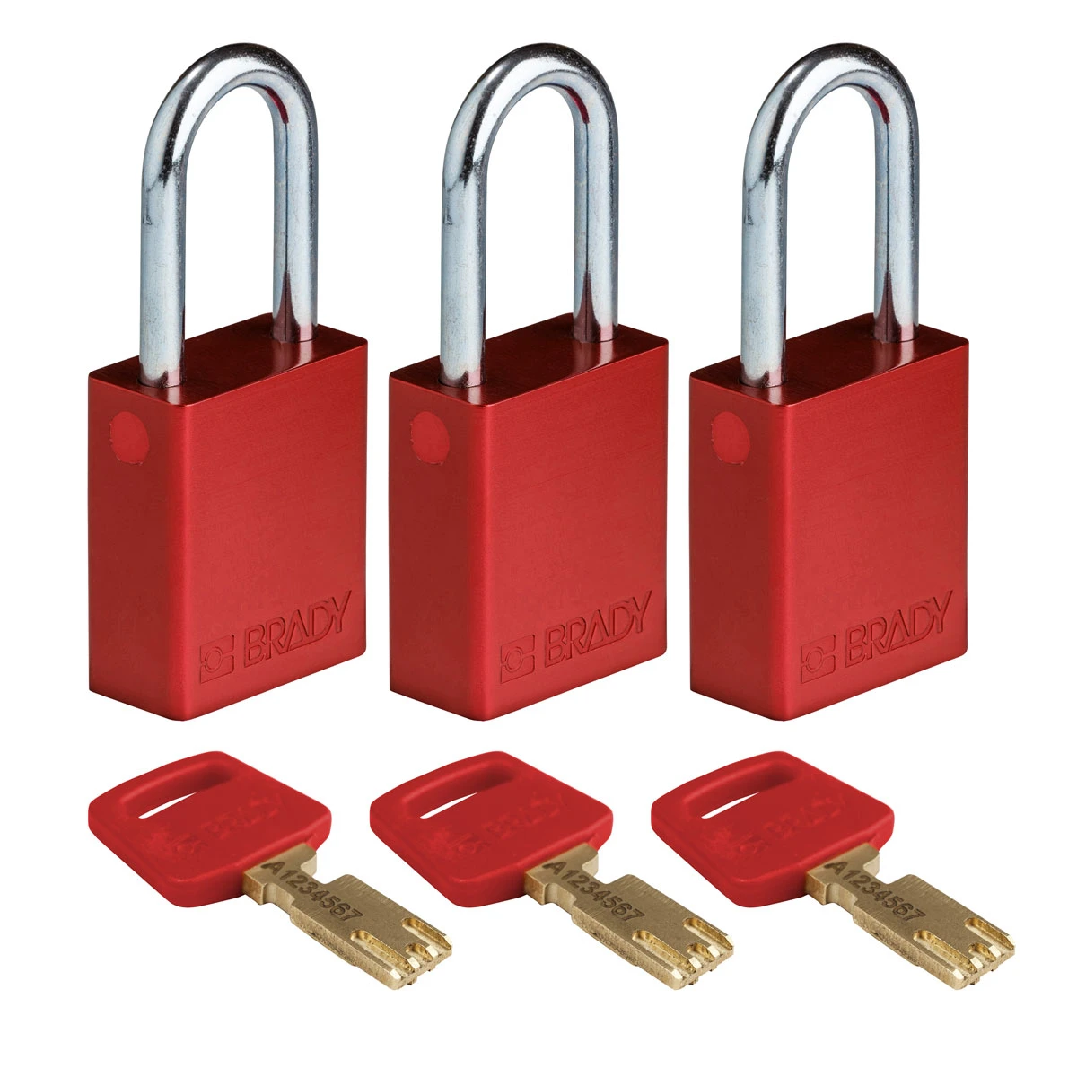 SafeKey hængelås fra Brady, aluminium krop med stål sjækkel, fås i 9 farver, sjækkelhøjde 38,10 mm, 3 stk i en pakke Rød