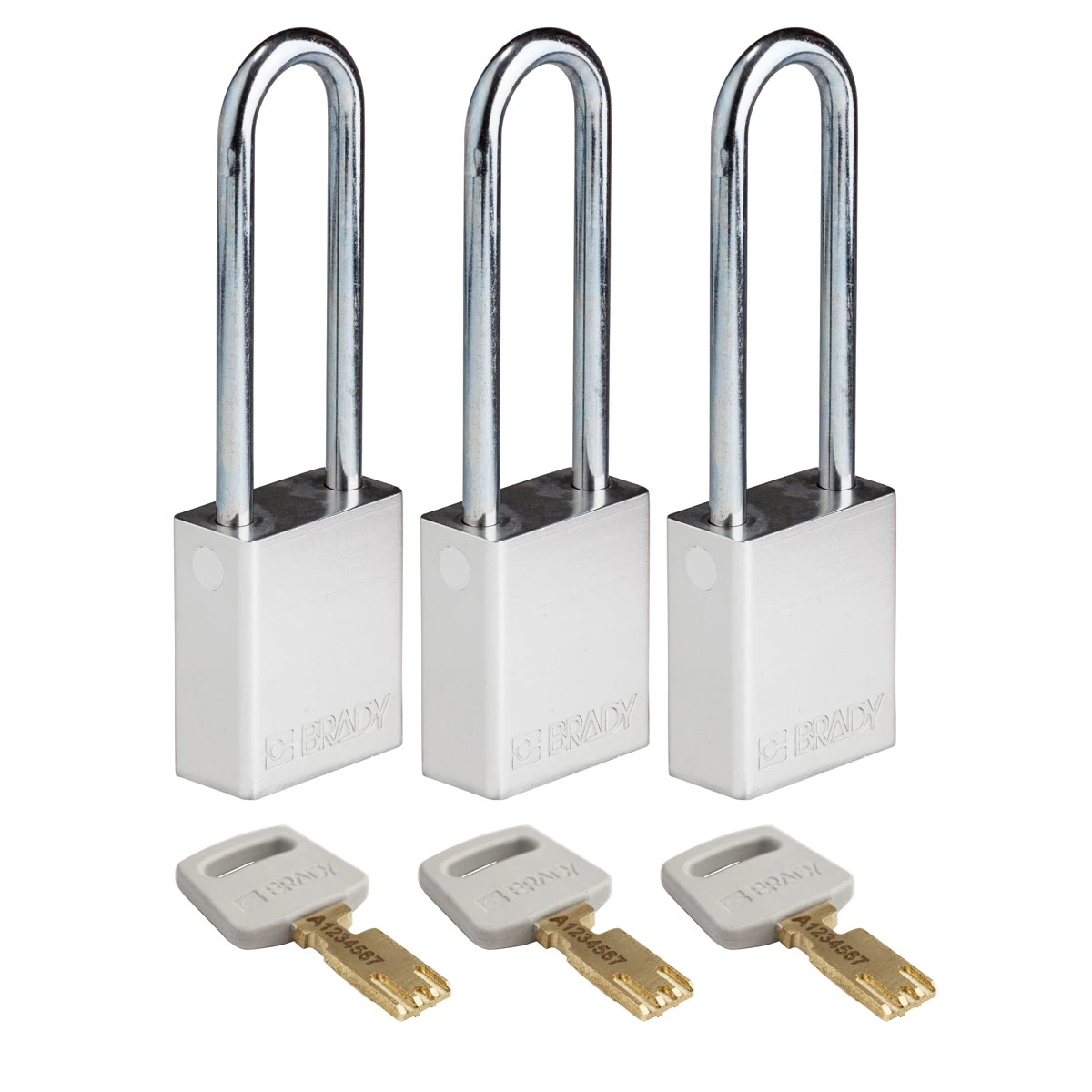 SafeKey hængelås fra Brady, aluminium krop med stål sjækkel, fås i 9 farver, sjækkelhøjde 76,20 mm, 3 stk i en pakke Sølv