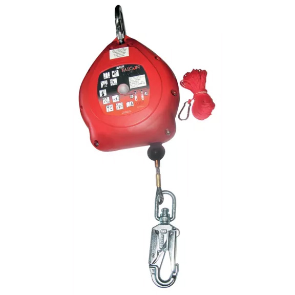 Honeywell Miller Falcon + ATEX længde 10m med dobbelte svirvler, rustfrit stålkabel, rustfri stålstøtteplade, skruekarabinhage på enhedens top, karabi