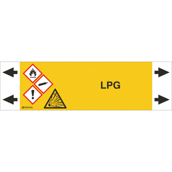 DENFOIL Rørmærker - LPG (english) ISO 20560-1, flere varianter Rør Ø 150-500mm, 5 meter rulle
