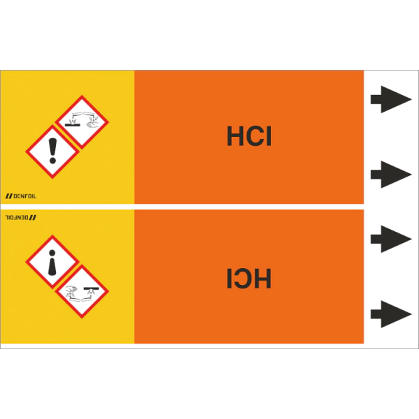 DENFOIL Rørmærker - Hydrochloric acid (english) ISO 20560-1, flere varianter Rør Ø 150-500mm, 1 stk