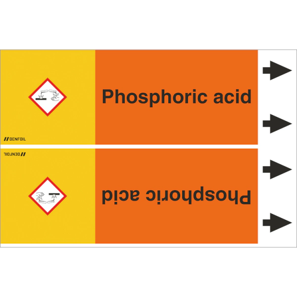 DENFOIL Rørmærker - Phosphoric acid (english) ISO 20560-1, flere varianter Rør Ø 150-500mm, 5 meter rulle