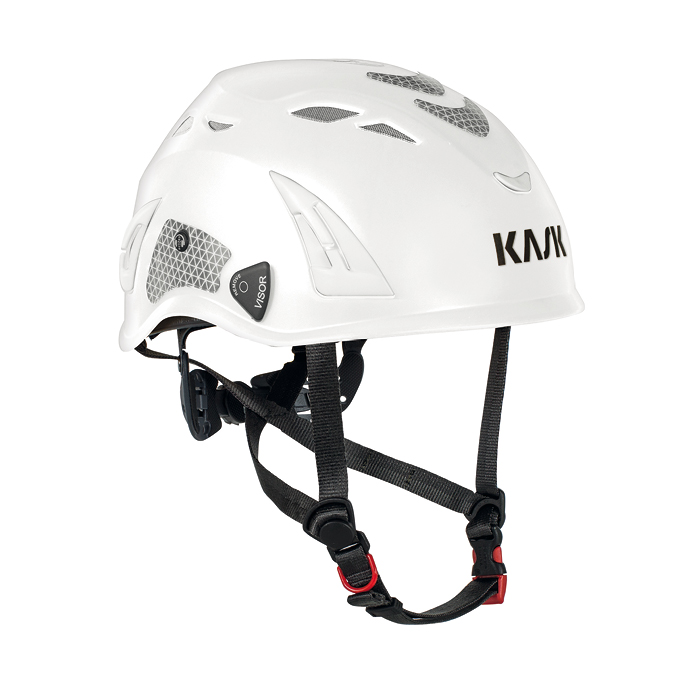 Kask SUPERPLASMA PL HI VIZ sikkerhedshjelm med 12 ventilations huller 4 punkt hagerem str. 51 til 62 cm skruejustering i nakken, 5 farver Hvid