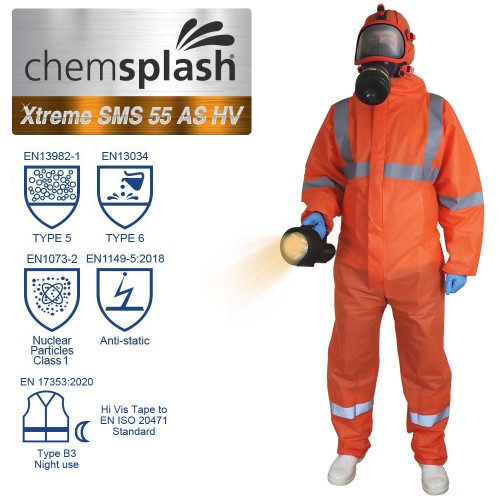 Chemsplash Xtreme SMS 55, orange beskyttelsesdragt med Hi-Viz, COVERALL TYPE 5/6, åndbar - silikone fri, elastik i talje, håndled, hætte og ankler La
