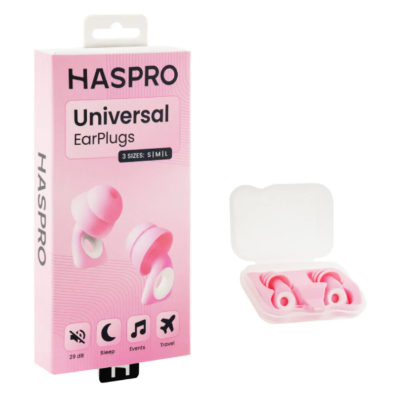 Haspro Universal genbrugelige silikone ørepropper, SNR 29 dB, indeholder 3 str. spidser og fås i 4 farver Pink