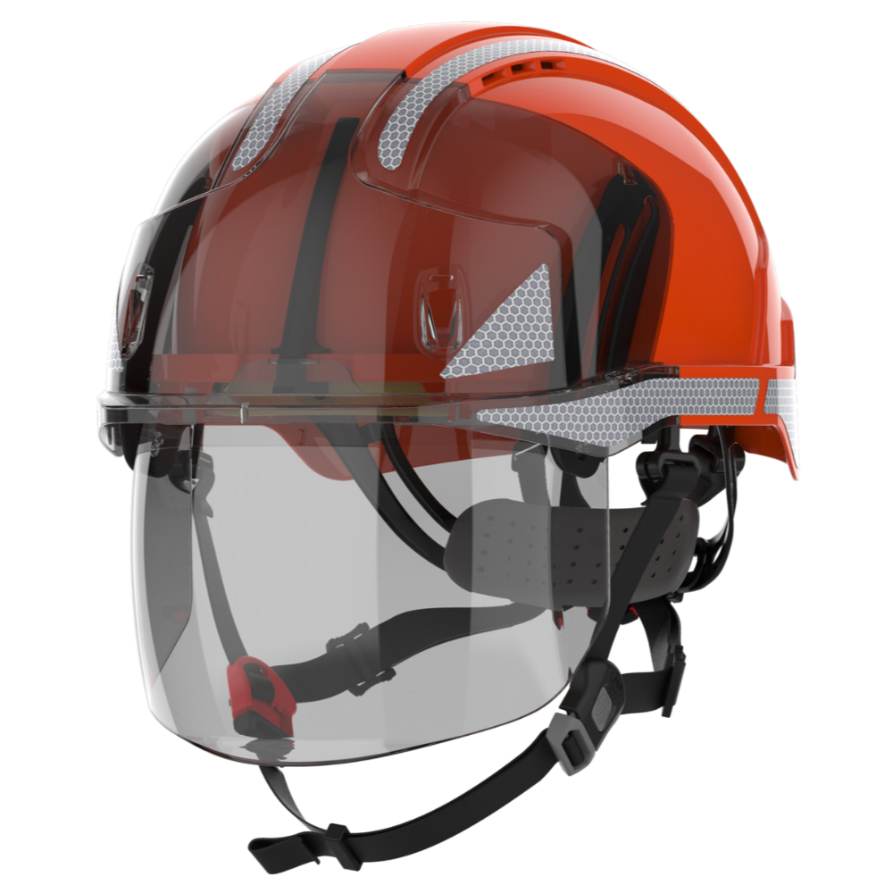 JSP EVO VISTAShield Dualswitch sikkerhedshjelm med Silver CR2 og indbygget hjelmvisir | Ventileret | Dielektrisk | Refleks Orange