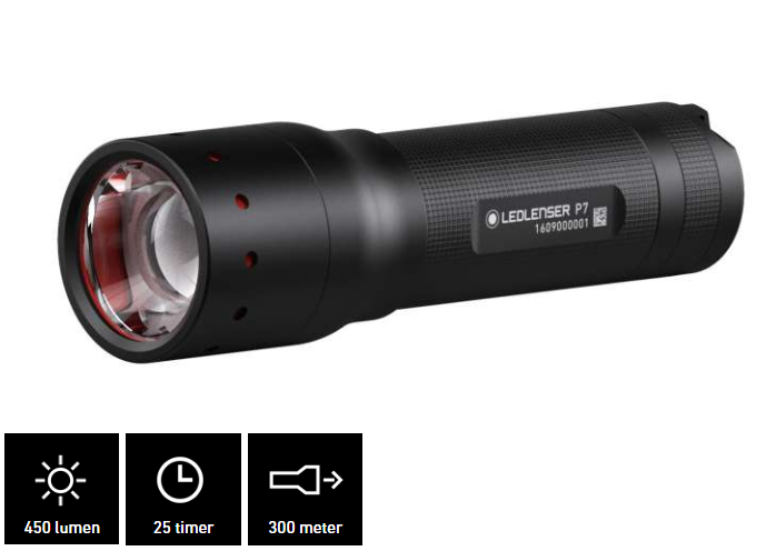 Ledlenser P7 Stav lommelygte, 450 lumen lyslængde 300m, brændtid 25 timer
