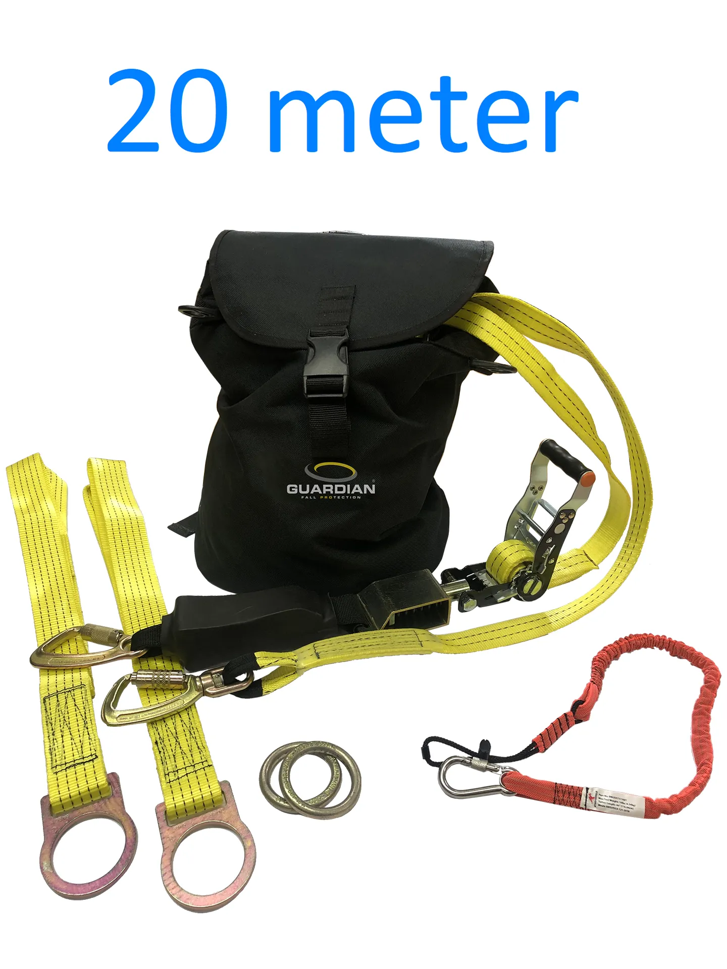 Midlertidigt opspændingssystem 20 meter med DMM twistlock karabiner, 2 x krydsarmsforankringsstropper, O-ringe, visuel spændingsindikator, aftageligt