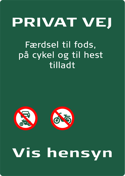 Naturstyrelsenskilt Privat vej - Færdsel til fods, på cykel og til hest tilladt Lakeret Aluminium 297 x 210 mm NSP01