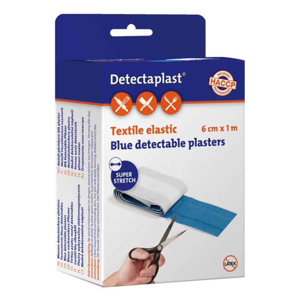 Detectaplast Sårforbinding, selvklæbende bandage til sår og skader, vandtæt plaster rulle, velegnet til håndtering af mad, super elastisk, Plaster 1m