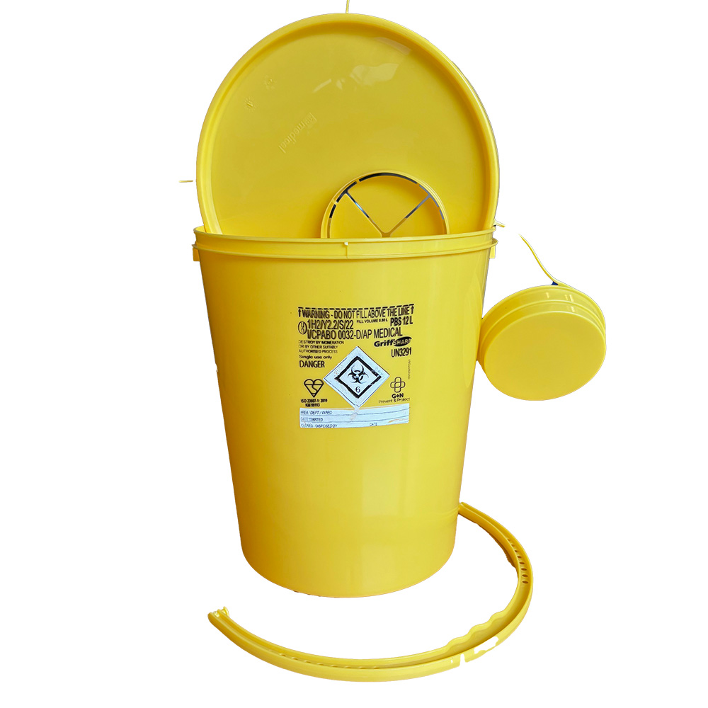 Gul kanyleboks, rund 11,5 liter forsynet med låg + advarselsmærkat 78 x 146 mm