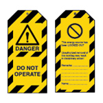 Tagout Advarsel Tags: FARE MÅ IKKE BETJENES - Sort/Gul, Kraftig Polyester, 110x50mm, 10 stk.